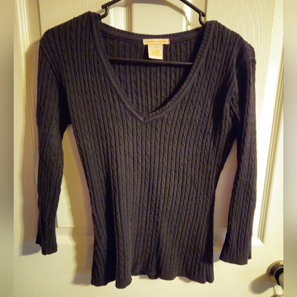 Sweet Romeo Black Ribbed V-Neck Sweater | Womens Medium | Tight Fitted, Y2K